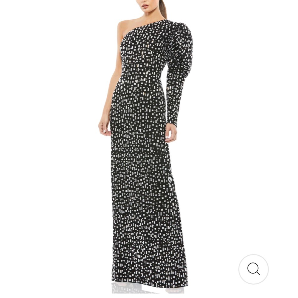 Mac Duggal 4 Black One Shoulder Puff Sleeve Maxi Gown NWT Silver Beads